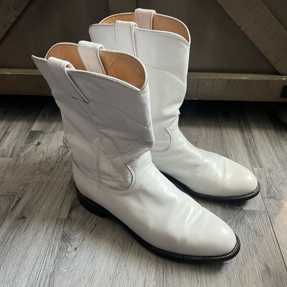 JUSTIN - WHITE LEATHER ROPPER BOOTS 7C MADE IN USA WESTERN - Picture 2 of 10